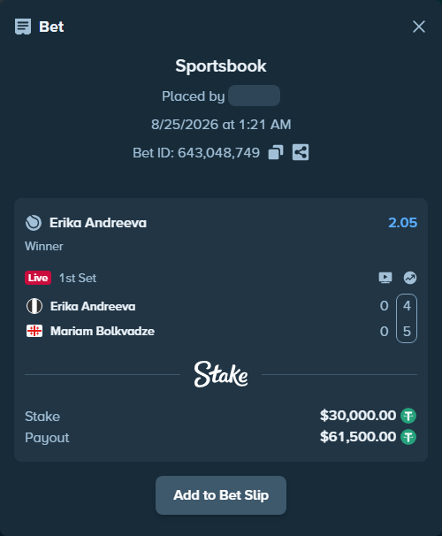 Bet slip: Erika Andreeva - Mariam Bolkvadze, $30,000.00 stake at 2.05 odds, placed by ayoflasher