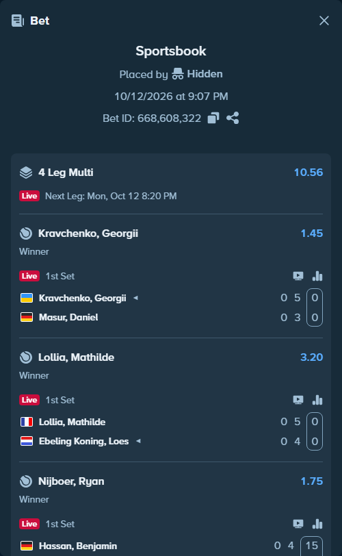 Bet slip: Erika Andreeva - Zongyu Li, $10,000.00 stake at 1.30 odds, placed by Hidden