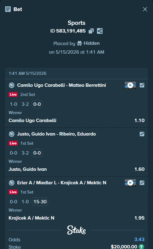 Bet slip: Erler A / Miedler L - Krajicek A / Mektic N, $20,000.00 stake at 1.95 odds, placed by Hidden