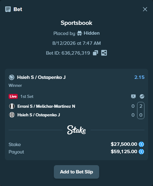 Bet slip: Errani S / Melichar-Martinez N - Hsieh S-W / Ostapenko J, $27,500.00 stake at 2.15 odds, placed by Hidden