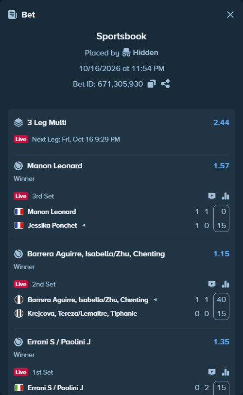 Bet slip: Errani S / Paolini J - Danilina A / Zhang S, $15,000.00 stake at 1.35 odds, placed by Hidden