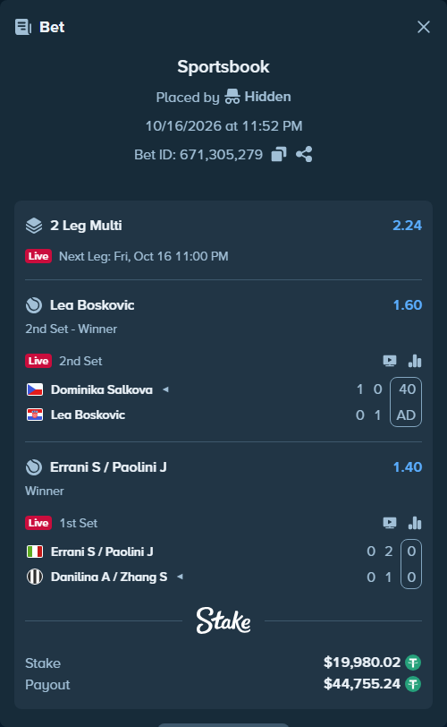 Bet slip: Errani S / Paolini J - Danilina A / Zhang S, $20,000.00 stake at 1.40 odds, placed by Hidden