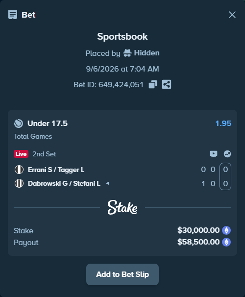 Bet slip: Errani S / Tagger L - Dabrowski G / Stefani L, $29,998.80 stake at 1.95 odds, placed by Hidden