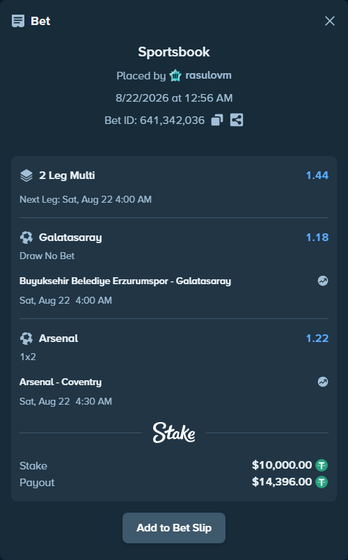 Bet slip: Erzurumspor FK - Galatasaray Istanbul, $10,000.00 stake at 1.18 odds, placed by rasulovm