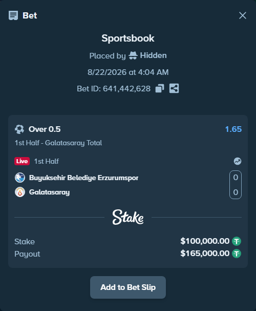 Bet slip: Erzurumspor FK - Galatasaray Istanbul, $100,000.00 stake at 1.65 odds, placed by Hidden