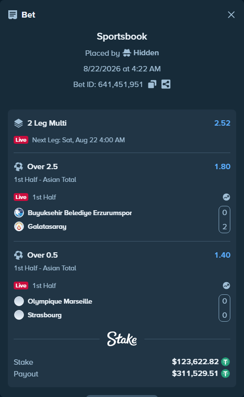 Bet slip: Erzurumspor FK - Galatasaray Istanbul, $123,622.82 stake at 1.80 odds, placed by Hidden