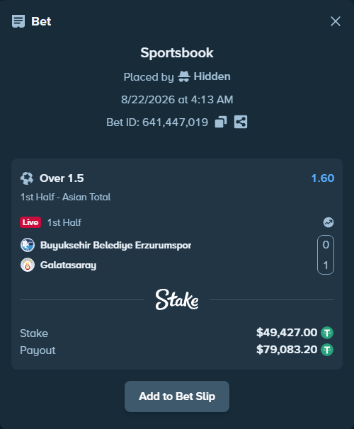 Bet slip: Erzurumspor FK - Galatasaray Istanbul, $49,427.00 stake at 1.60 odds, placed by Hidden