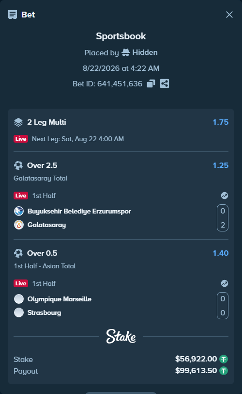 Bet slip: Erzurumspor FK - Galatasaray Istanbul, $56,922.00 stake at 1.25 odds, placed by Hidden