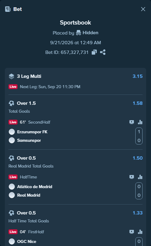 Bet slip: Erzurumspor FK - Samsunspor, $83,245.00 stake at 1.58 odds, placed by Hidden