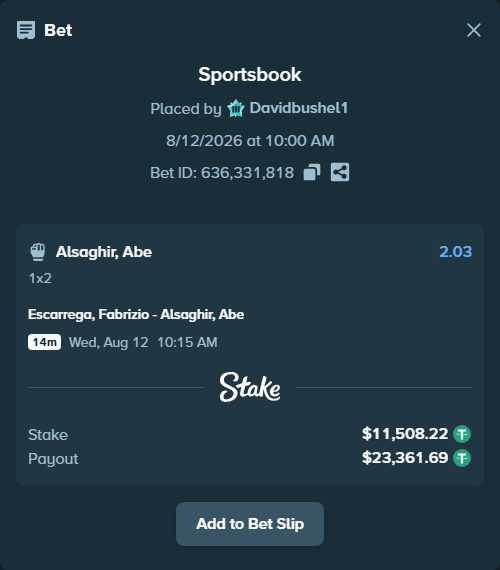 Bet slip: Escarrega, Fabrizio - Alsaghir, Abe, $11,519.73 stake at 2.03 odds, placed by Davidbushel1