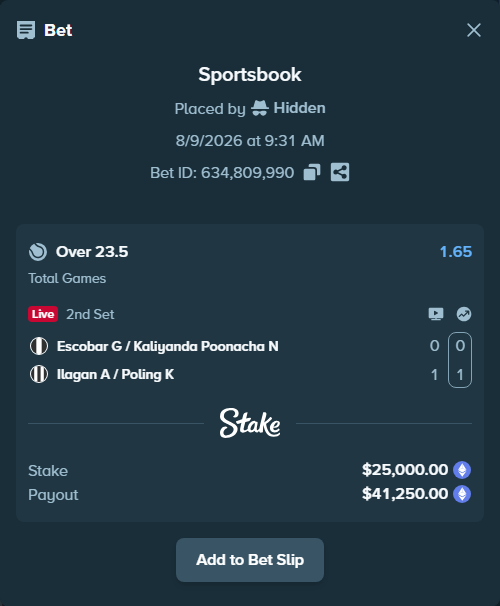 Bet slip: Escobar G / Kaliyanda Poonacha N - Ilagan A / Poling K, $25,003.94 stake at 1.65 odds, placed by Hidden