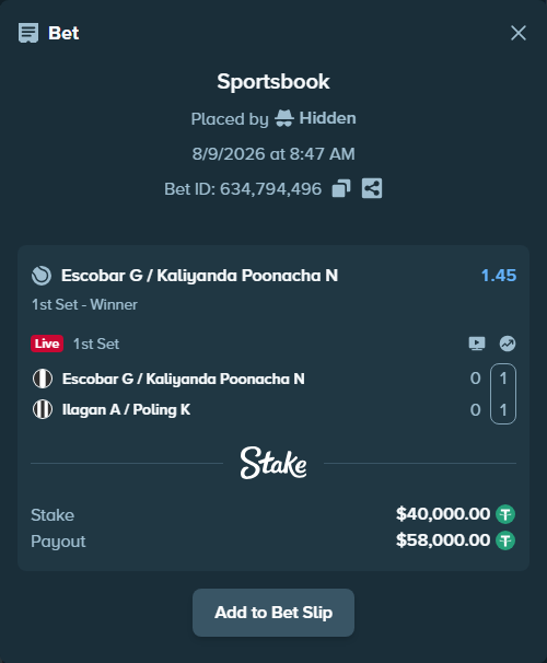 Bet slip: Escobar G / Kaliyanda Poonacha N - Ilagan A / Poling K, $40,040.00 stake at 1.45 odds, placed by Hidden