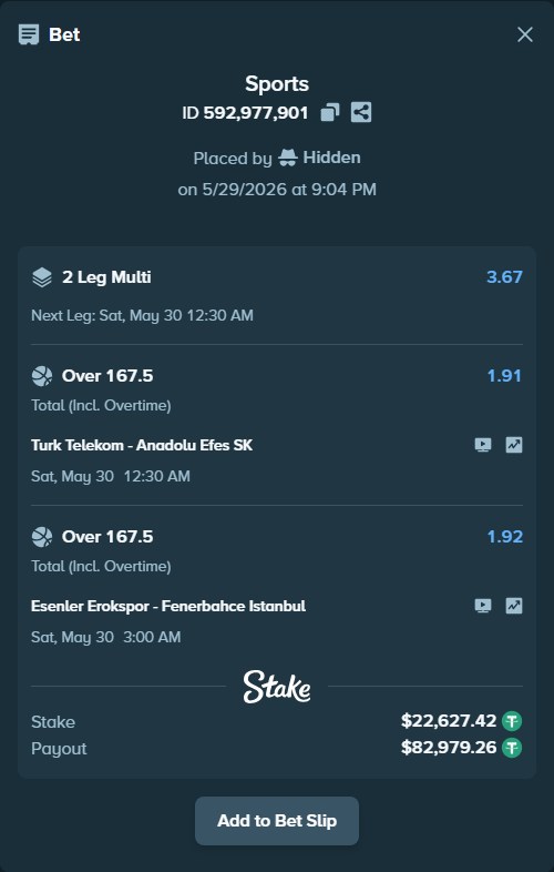 Bet slip: Esenler Erokspor - Fenerbahce Istanbul, $22,650.04 stake at 1.92 odds, placed by Hidden