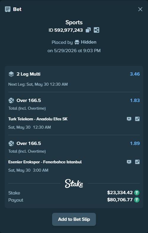 Bet slip: Esenler Erokspor - Fenerbahce Istanbul, $23,357.76 stake at 1.89 odds, placed by Hidden