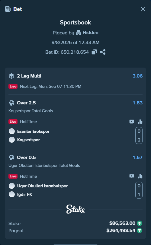 Bet slip: Esenler Erokspor - Kayserispor, $86,563.00 stake at 1.83 odds, placed by Hidden