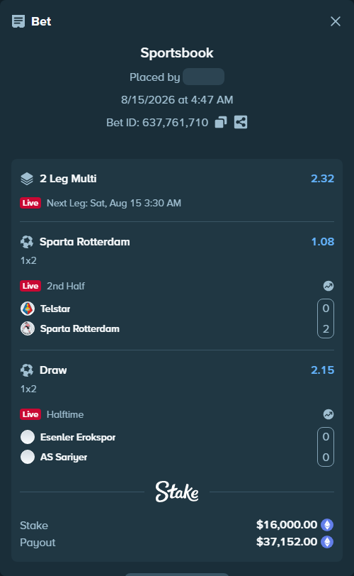 Bet slip: Esenler Erokspor - Sariyer SK, $16,097.26 stake at 2.15 odds, placed by myprecious1