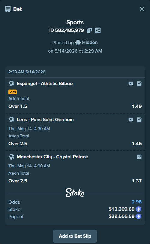 Bet slip: Espanyol - Athletic Bilbao, $10,257.13 stake at 1.49 odds, placed by Hidden