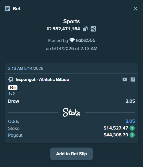 Bet slip: Espanyol - Athletic Bilbao, $14,542.00 stake at 3.05 odds, placed by kabic555