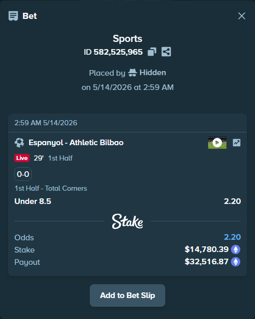 Bet slip: Espanyol - Athletic Bilbao, $11,364.98 stake at 2.20 odds, placed by Hidden