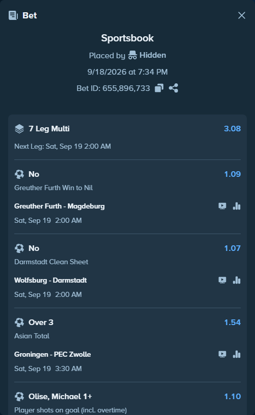 Bet slip: Espanyol - Elche, $10,000.00 stake at 1.17 odds, placed by Hidden
