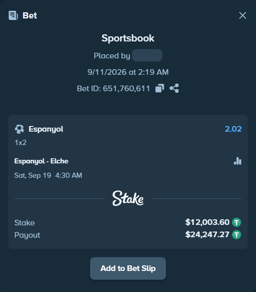 Bet slip: Espanyol - Elche, $12,000.00 stake at 2.02 odds, placed by Palo6