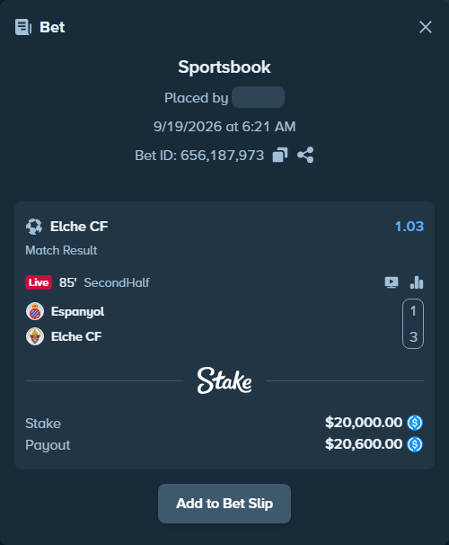 Bet slip: Espanyol - Elche, $20,000.00 stake at 1.03 odds, placed by petterblom