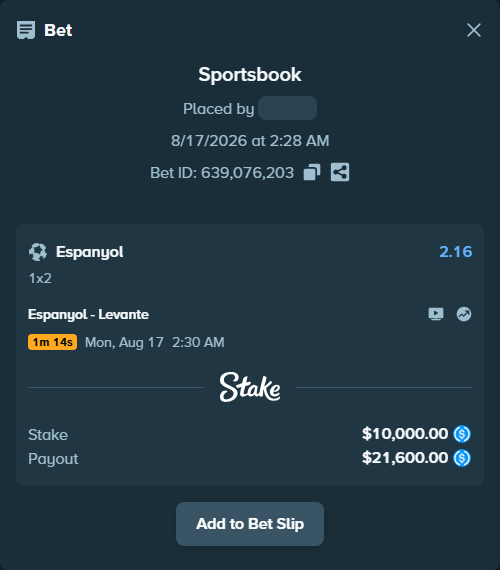 Bet slip: Espanyol - Levante, $10,000.00 stake at 2.16 odds, placed by DerrickHarper