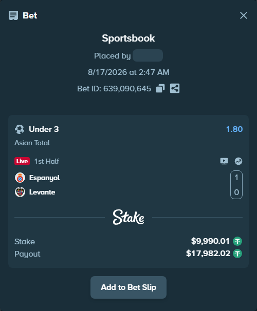 Bet slip: Espanyol - Levante, $10,000.00 stake at 1.80 odds, placed by TheEarlinGrey