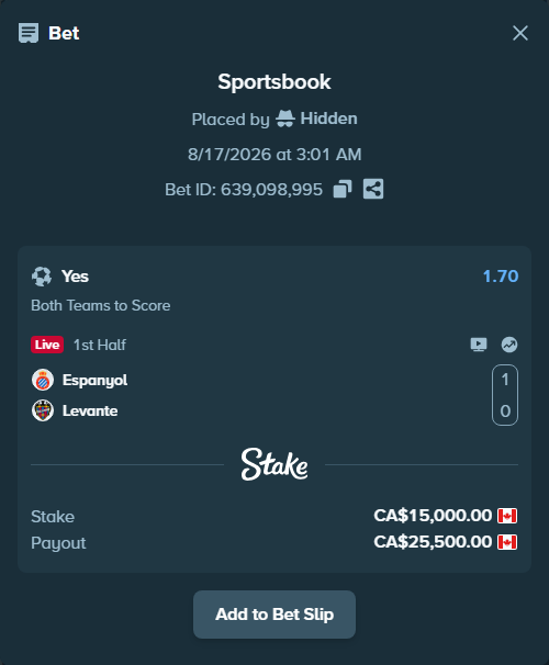 Bet slip: Espanyol - Levante, $11,100.00 stake at 1.70 odds, placed by Hidden