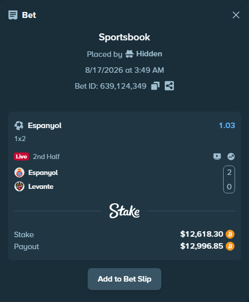 Bet slip: Espanyol - Levante, $12,612.40 stake at 1.03 odds, placed by Hidden