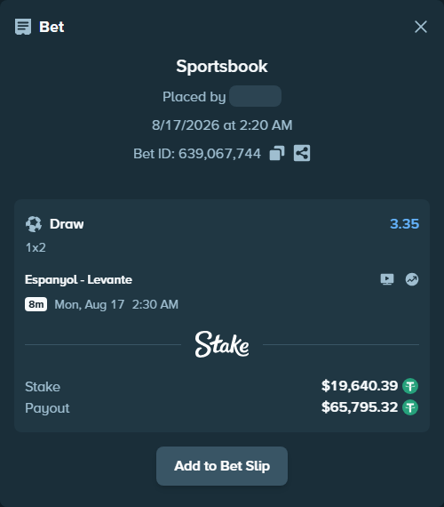 Bet slip: Espanyol - Levante, $19,660.03 stake at 3.35 odds, placed by Christianazar