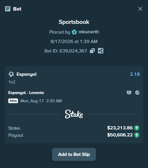 Bet slip: Espanyol - Levante, $23,237.08 stake at 2.18 odds, placed by mkunerth