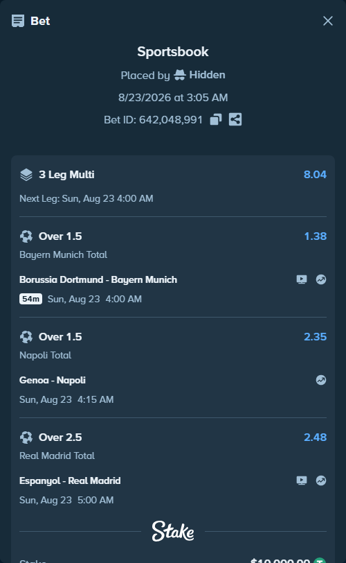 Bet slip: Espanyol - Real Madrid, $10,000.00 stake at 2.48 odds, placed by Hidden