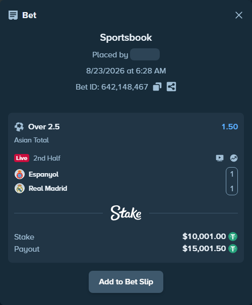 Bet slip: Espanyol - Real Madrid, $10,000.00 stake at 1.50 odds, placed by Raja6457