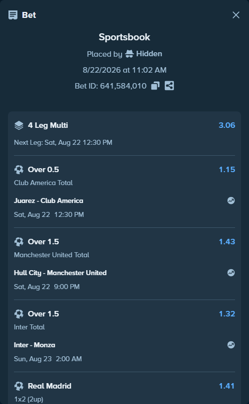 Bet slip: Espanyol - Real Madrid, $10,018.80 stake at 1.41 odds, placed by Hidden