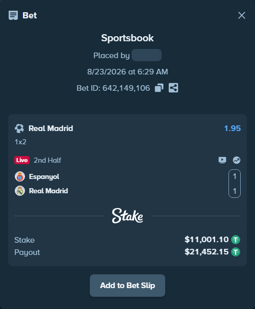 Bet slip: Espanyol - Real Madrid, $11,000.00 stake at 1.95 odds, placed by stevenkhoury