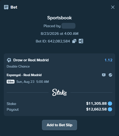 Bet slip: Espanyol - Real Madrid, $11,305.88 stake at 1.12 odds, placed by lightsum