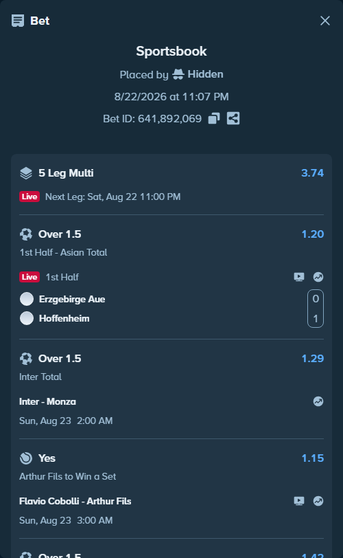 Bet slip: Espanyol - Real Madrid, $11,606.00 stake at 1.48 odds, placed by Hidden