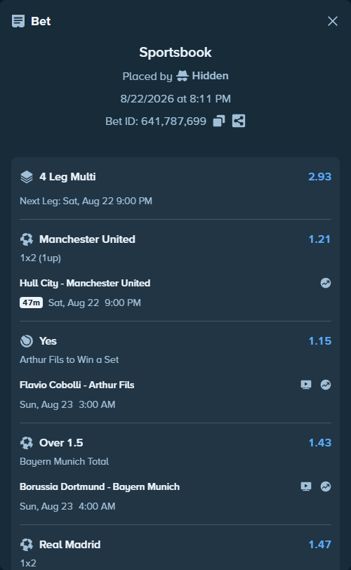 Bet slip: Espanyol - Real Madrid, $12,181.75 stake at 1.47 odds, placed by Hidden