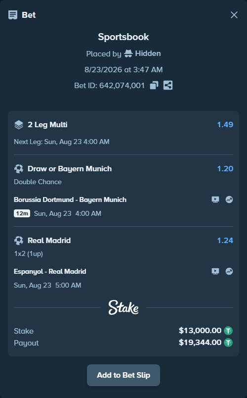 Bet slip: Espanyol - Real Madrid, $13,000.00 stake at 1.24 odds, placed by Hidden