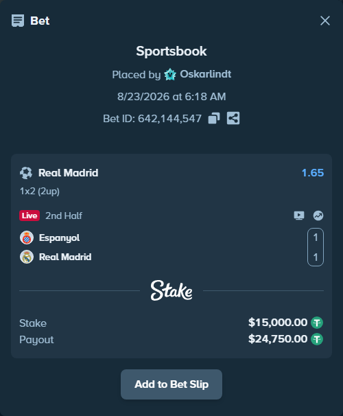 Bet slip: Espanyol - Real Madrid, $14,998.50 stake at 1.65 odds, placed by Oskarlindt