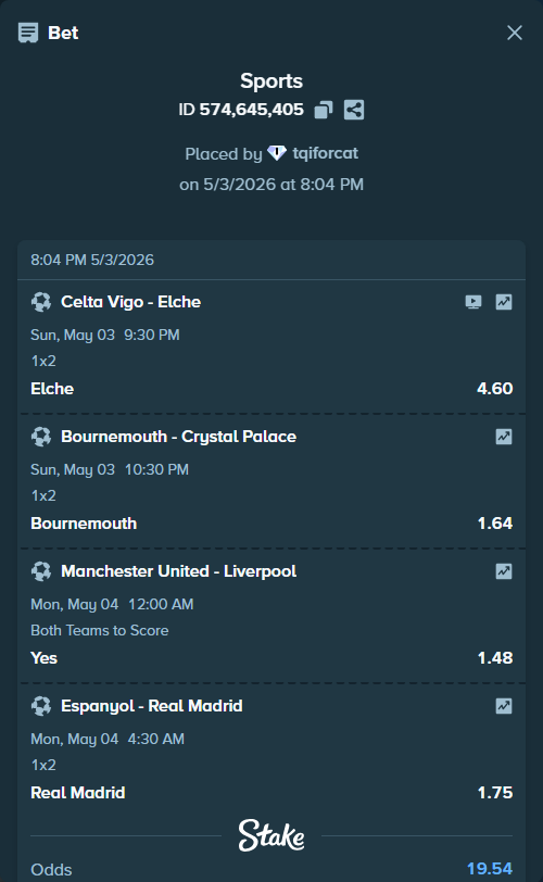 Bet slip: Espanyol - Real Madrid, $15,448.68 stake at 1.75 odds, placed by tqiforcat