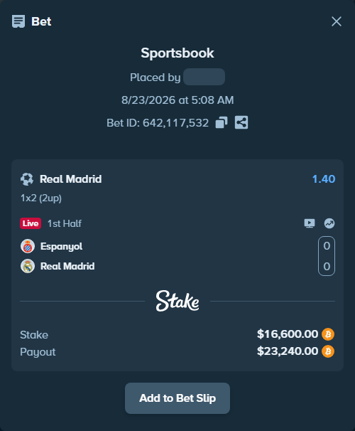 Bet slip: Espanyol - Real Madrid, $16,550.22 stake at 1.40 odds, placed by Hallfkh