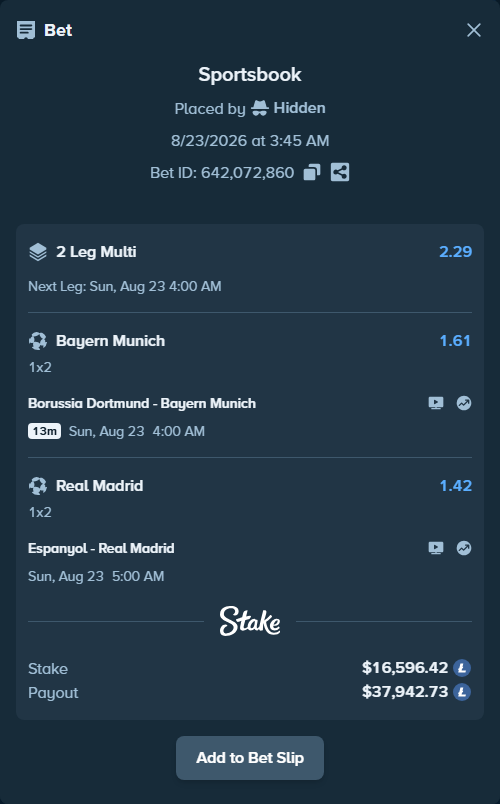 Bet slip: Espanyol - Real Madrid, $16,458.75 stake at 1.42 odds, placed by Hidden
