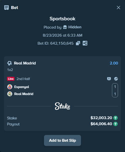 Bet slip: Espanyol - Real Madrid, $32,000.00 stake at 2.00 odds, placed by Hidden