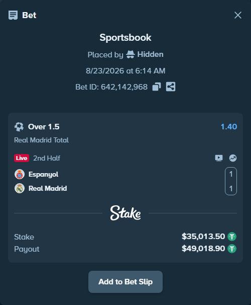 Bet slip: Espanyol - Real Madrid, $35,010.00 stake at 1.40 odds, placed by Hidden