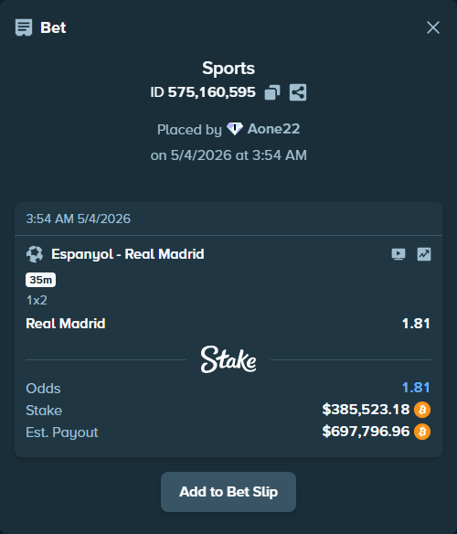 Bet slip: Espanyol - Real Madrid, $314,981.80 stake at 1.81 odds, placed by Aone22