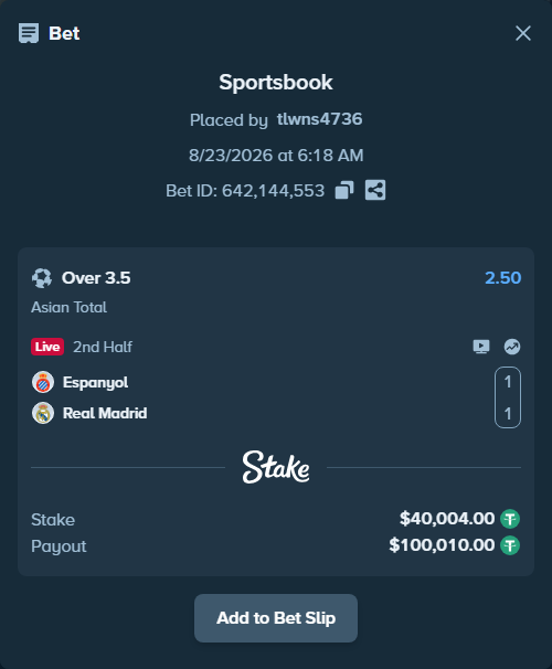 Bet slip: Espanyol - Real Madrid, $40,000.00 stake at 2.50 odds, placed by tlwns4736
