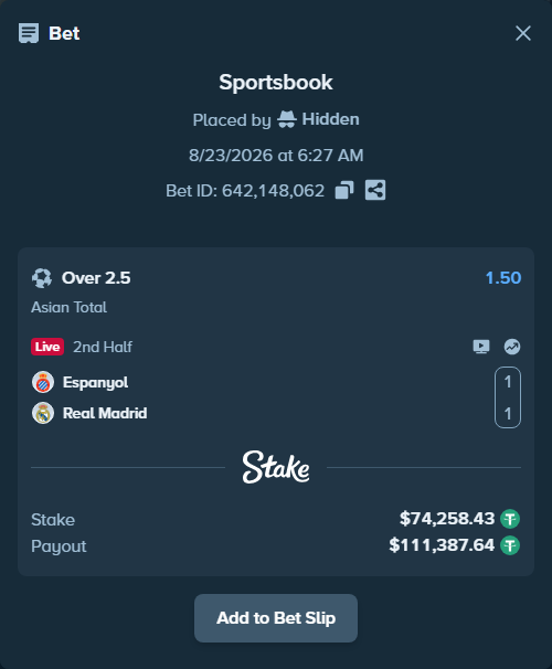 Bet slip: Espanyol - Real Madrid, $74,251.00 stake at 1.50 odds, placed by Hidden