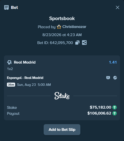 Bet slip: Espanyol - Real Madrid, $75,182.00 stake at 1.41 odds, placed by Christianazar